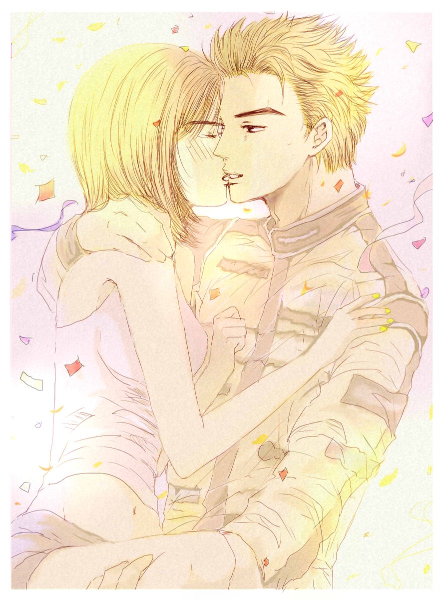 1boy, 1girl, bare_shoulders, blonde_hair, blush, brown_hair, carrying, confetti