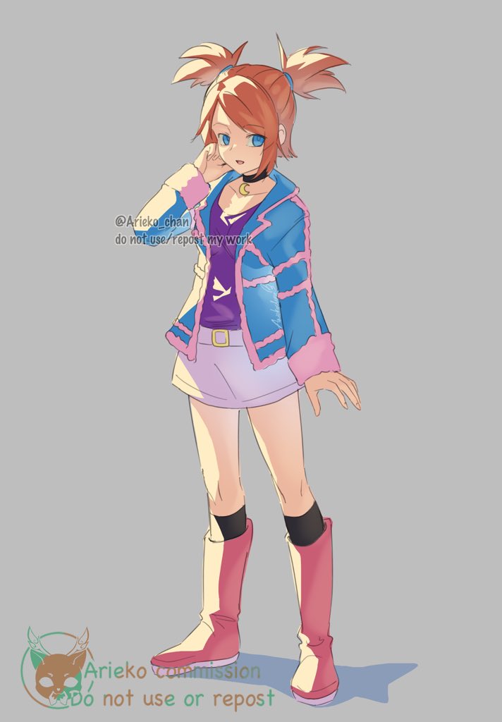 1girl, ariekochan, blue_eyes, blue_jacket, boots, brown_hair, collarbone, crescent