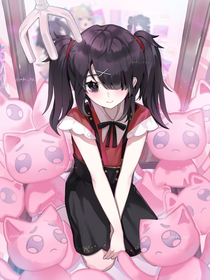 1girl, ame-chan_(needy_girl_overdose), artist_name, black_eyes, black_hair, cat, emoji, hair_ornament, highres, jirai_kei, looking_at_viewer, needy_girl_overdose, pien_cat_(needy_girl_overdose), pleading_face_emoji, signature, skirt, smile, stuffed_animal, stuffed_cat, stuffed_toy, suki_72, suspender_skirt, suspenders, twintails, x_hair_ornament
