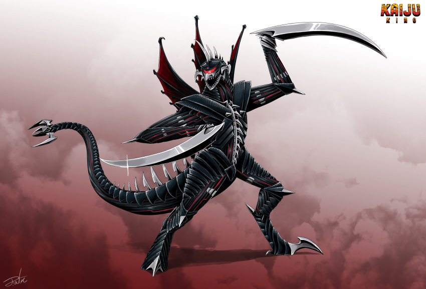 absurdres, arm_blade, arm_up, cyborg, elbow_spikes, english_text, full_body, gigan