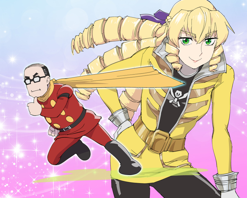 1boy, 1girl, akuyaku_reijou_tensei_ojisan, blonde_hair, cosplay, cyborg_009, drill_hair, drill_sidelocks