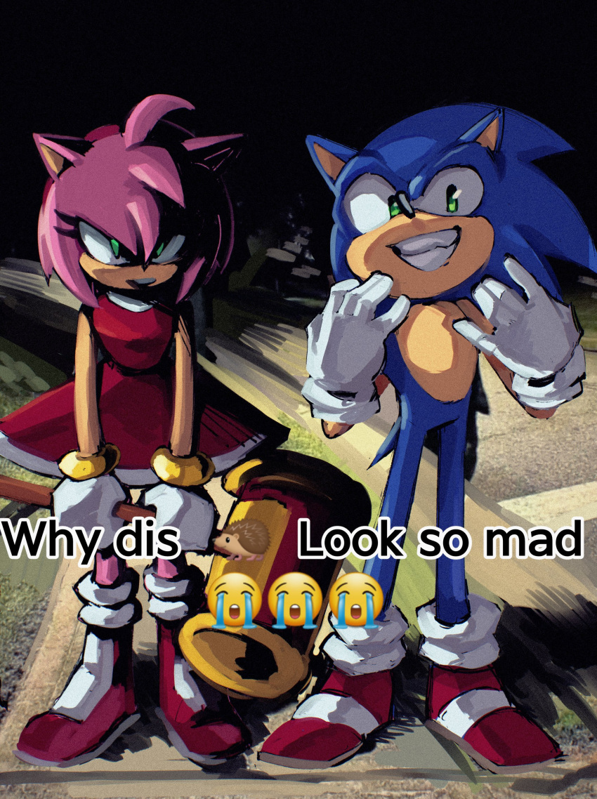 1boy, 1girl, absurdres, amy_rose, commentary, copium_v, derivative_work, emoji