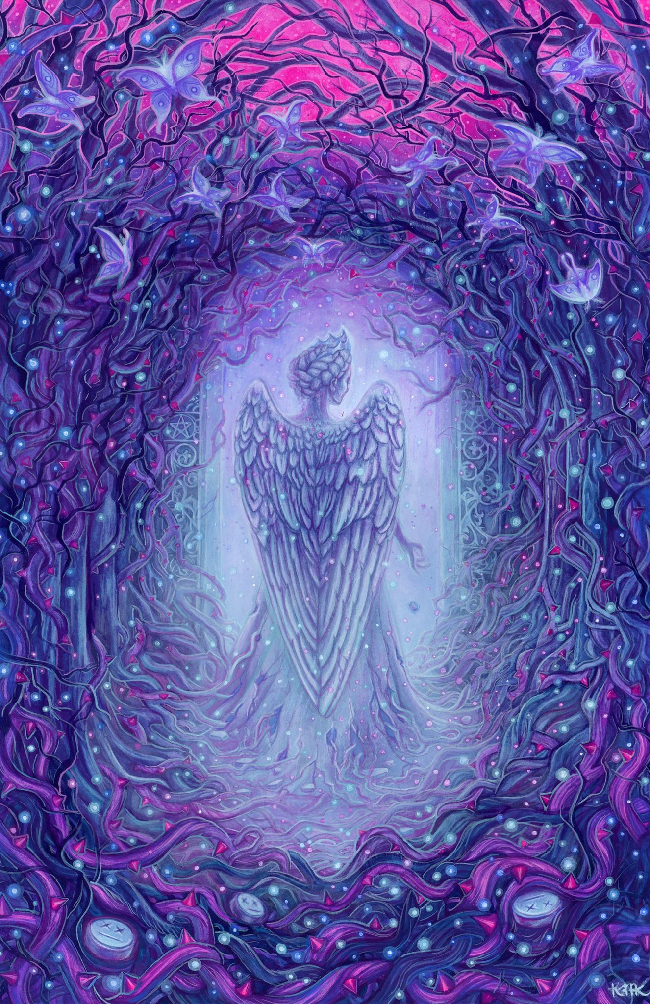 1girl, acrylic_gouache_(medium), angel, angel_wings, braid, bug, commentary, crown, dress, english_commentary, facing_away, highres, kelly_mckernan, moth, original, painting_(medium), pink_sky, short_hair, signature, sky, solo, thorns, traditional_media, watercolor_(medium), wings