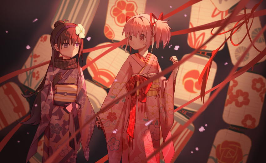 2girls, absurdres, akemi_homura, akemi_homura_(haregi_ver.), argyle_clothes, argyle_scarf, black_background, black_gloves