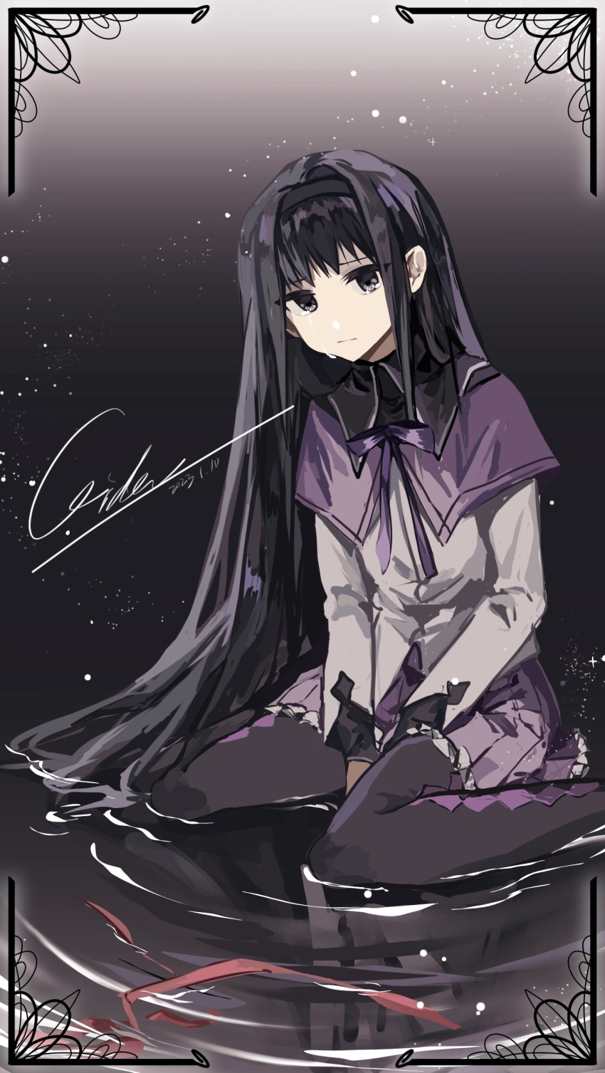 1girl, absurdres, akemi_homura, argyle_clothes, argyle_footwear, black_background, black_footwear, black_hair