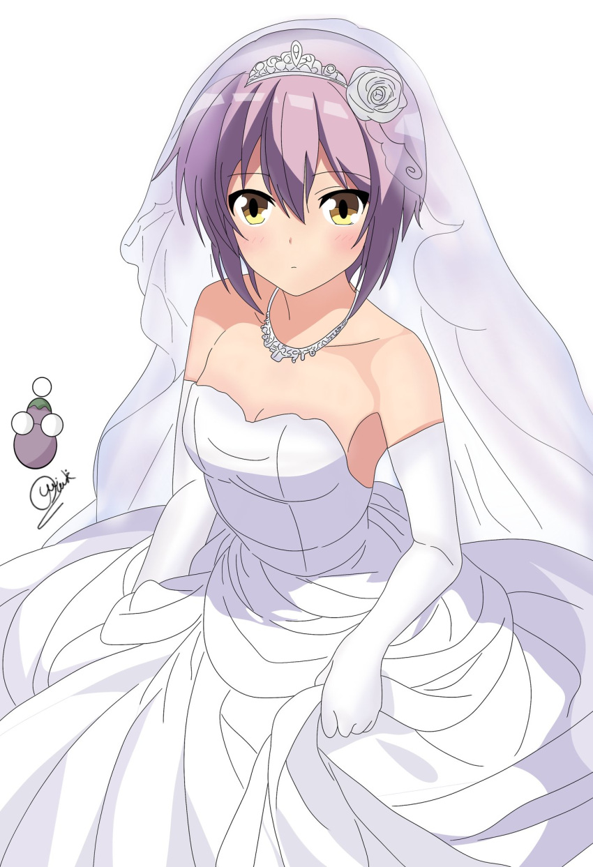 1girl, bare_shoulders, closed_mouth, collarbone, dot_mouth, dress, eggplant, elbow_gloves, expressionless, flower, gloves, hair_flower, hair_ornament, highres, jewelry, looking_at_viewer, nagato_yuki, necklace, rose, signature, skirt_basket, sleeveless, sleeveless_dress, suzumiya_haruhi-chan_no_yuuutsu, suzumiya_haruhi_no_yuuutsu, tiara, veil, wedding_dress, white_dress, white_flower, white_gloves, white_rose, yellow_eyes, yuiyu_ki