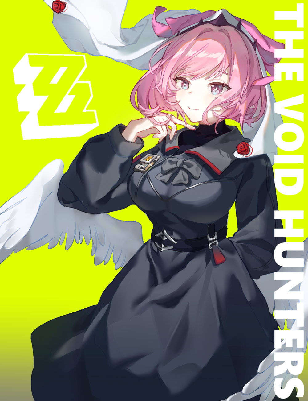 1girl, angel_wings, belt, black_bow, black_bowtie, black_shirt, bow, bowtie