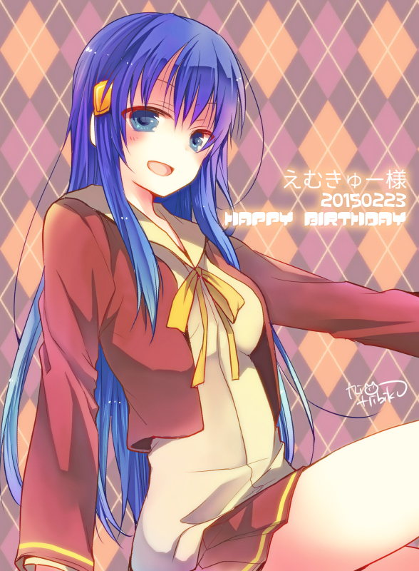 1girl, amasawa_ikumi, blue_eyes, blue_hair, hair_ornament, hairclip, hibiki_mio, long_hair