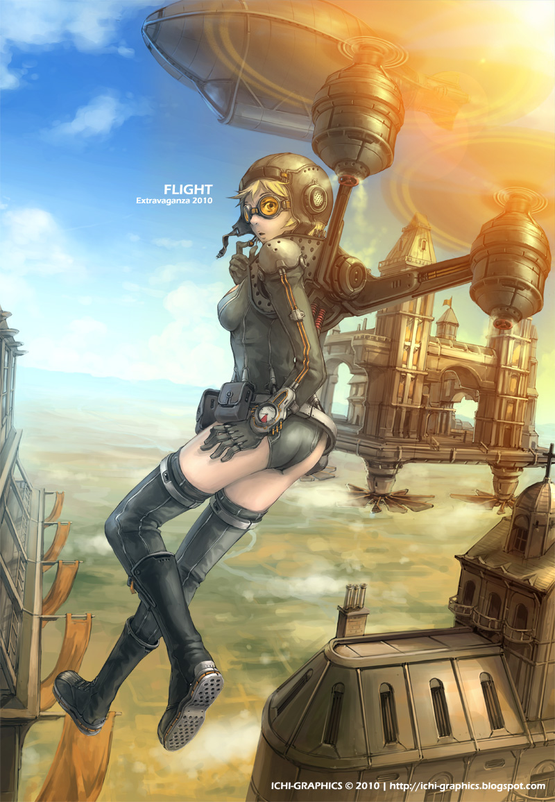 black_thighhighs, blonde_hair, bodysuit, boots, brown_eyes, flying, goggles, headset