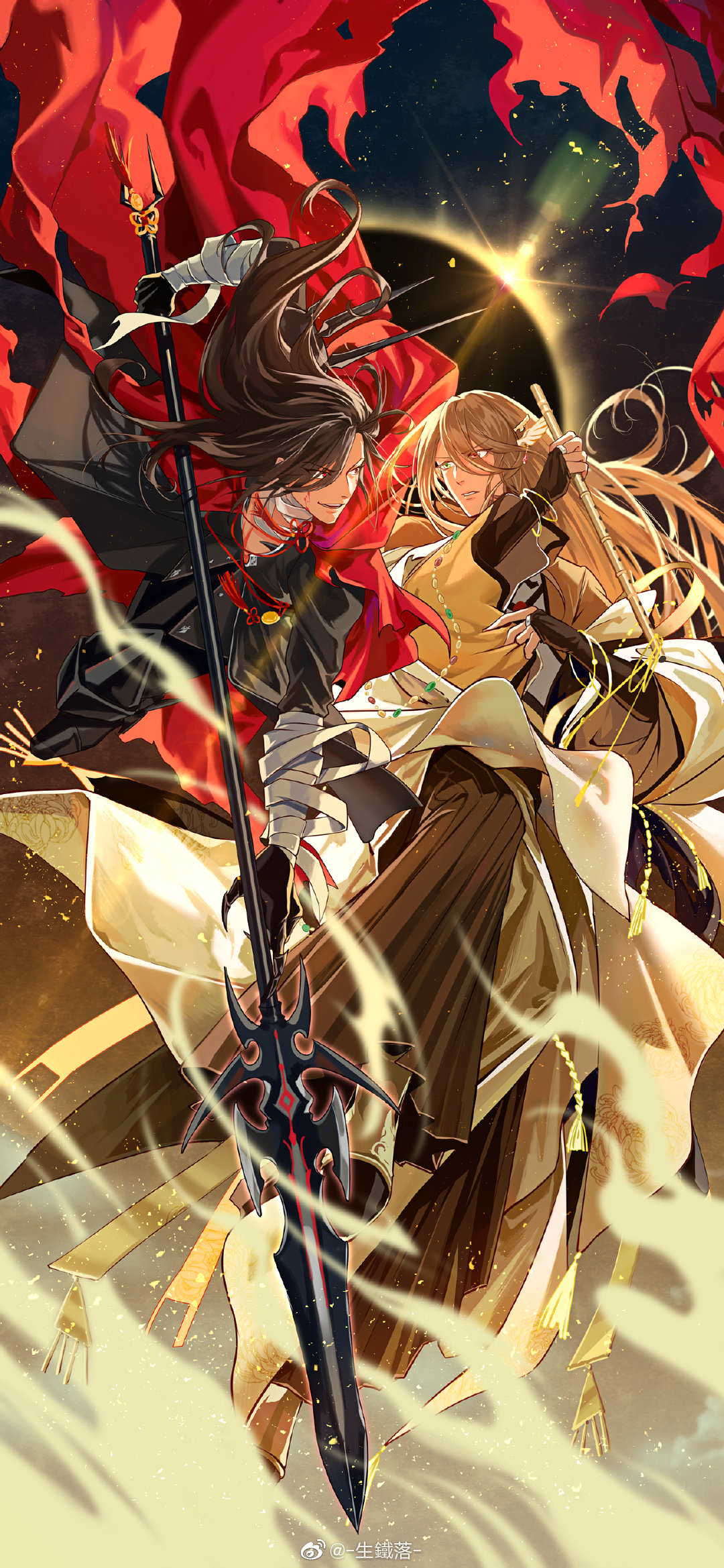2boys, armor, armored_boots, bandaged_arm, bandaged_neck, bandages, black_bridal_gauntlets, black_footwear