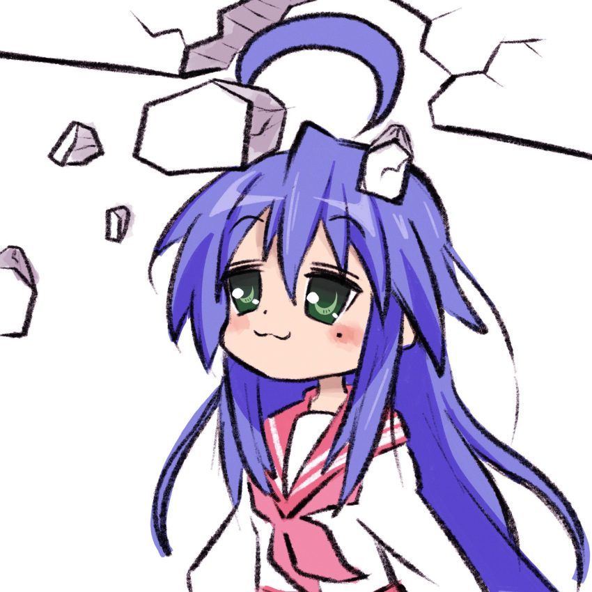 :3, ahoge, blue_hair, crack, cracked_wall, green_eyes, highres, huge_ahoge