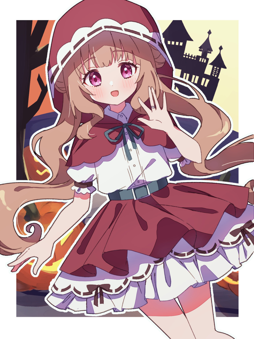 1girl, :d, alternate_costume, belt, border, brown_hair, capelet, collared_shirt