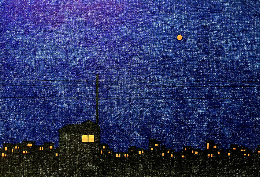 blue_sky, building, city, city_lights, colored_pencil_(medium), full_moon, highres, house