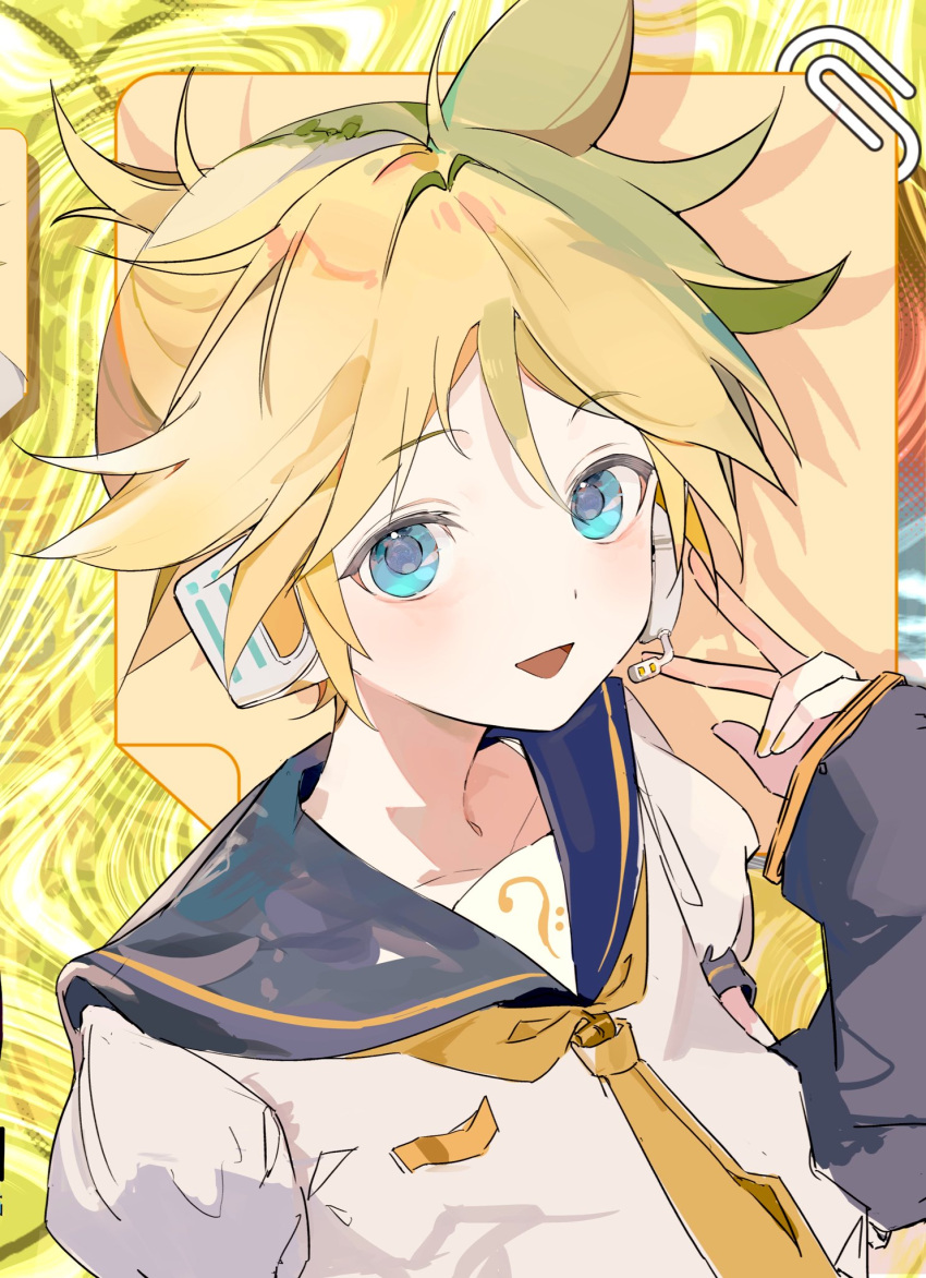 1boy, arm_up, bass_clef, black_sailor_collar, black_sleeves, blonde_hair, blue_eyes, commentary