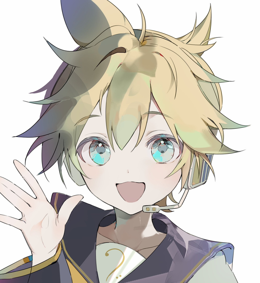 1boy, :d, black_sailor_collar, blonde_hair, blue_eyes, geometry682, hair_ornament, hand_up, highres, kagamine_len, long_sleeves, looking_at_viewer, male_focus, open_mouth, portrait, sailor_collar, simple_background, smile, solo, vocaloid, white_background, wide_sleeves
