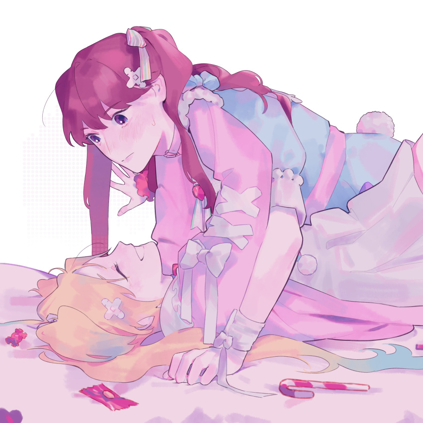 2girls, absurdres, arms_around_neck, bandaid, bandaid_hair_ornament, blonde_hair, blue_dress, blue_hair
