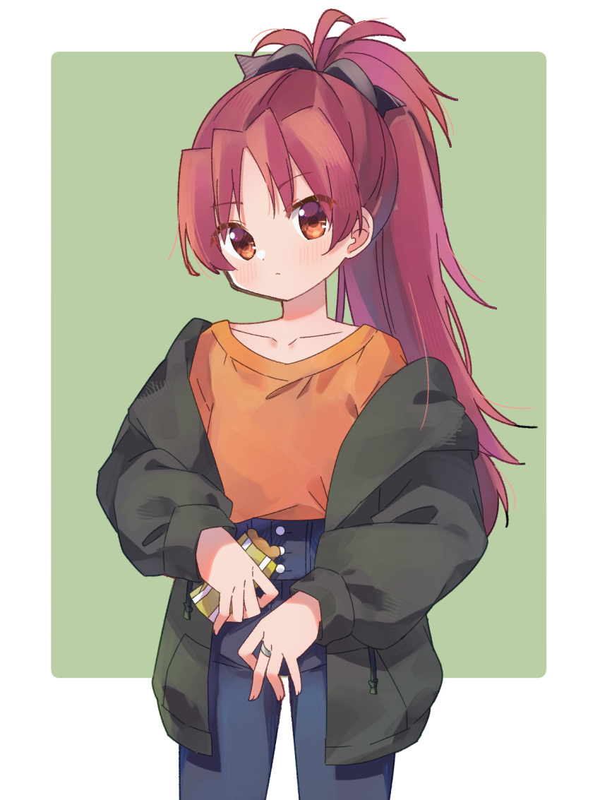 1girl, alternate_costume, blue_pants, border, closed_mouth, commentary_request, cowboy_shot, green_background
