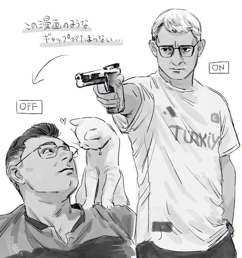 1boy, 2024_summer_olympics, aiming, animal_on_shoulder, artist_logo, cat, cat_on_shoulder, commentary_request