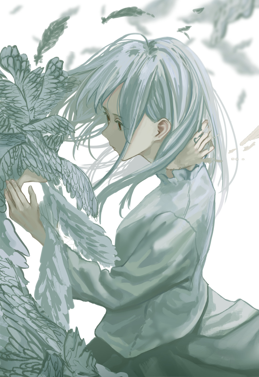 1girl, 1other, absurdres, brown_eyes, commentary_request, disembodied_wing, disintegration, dress