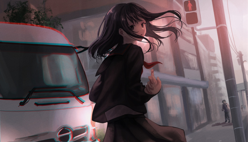 1girl, 3others, absurdres, ascot, black_eyes, black_hair, black_serafuku, black_shirt