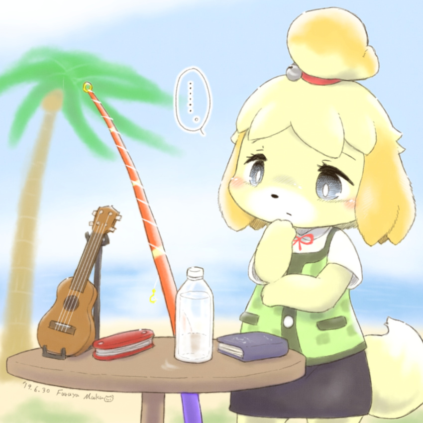 ..., 1girl, animal_crossing, black_eyes, black_skirt, book, bottle, bright_pupils, dated, dog_girl, eyelashes, fishing_rod, furry, furry_female, furuya_muku, green_vest, highres, instrument, isabelle_(animal_crossing), palm_tree, red_ribbon, ribbon, shirt, signature, skirt, solo, spoken_ellipsis, swiss_army_knife, table, thinking, tree, ukulele, vest, water_bottle, white_pupils, white_shirt