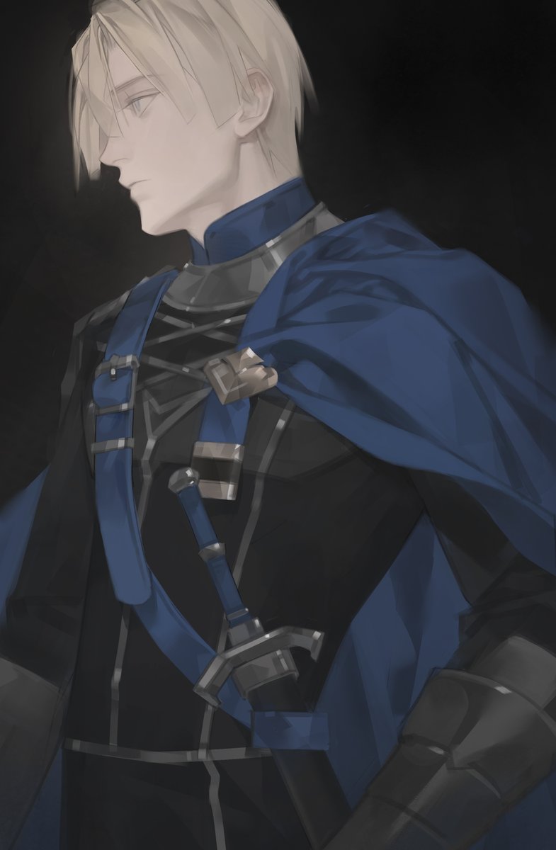 1boy, armor, armored_gloves, belt, black_background, black_pants, black_shirt, blonde_hair