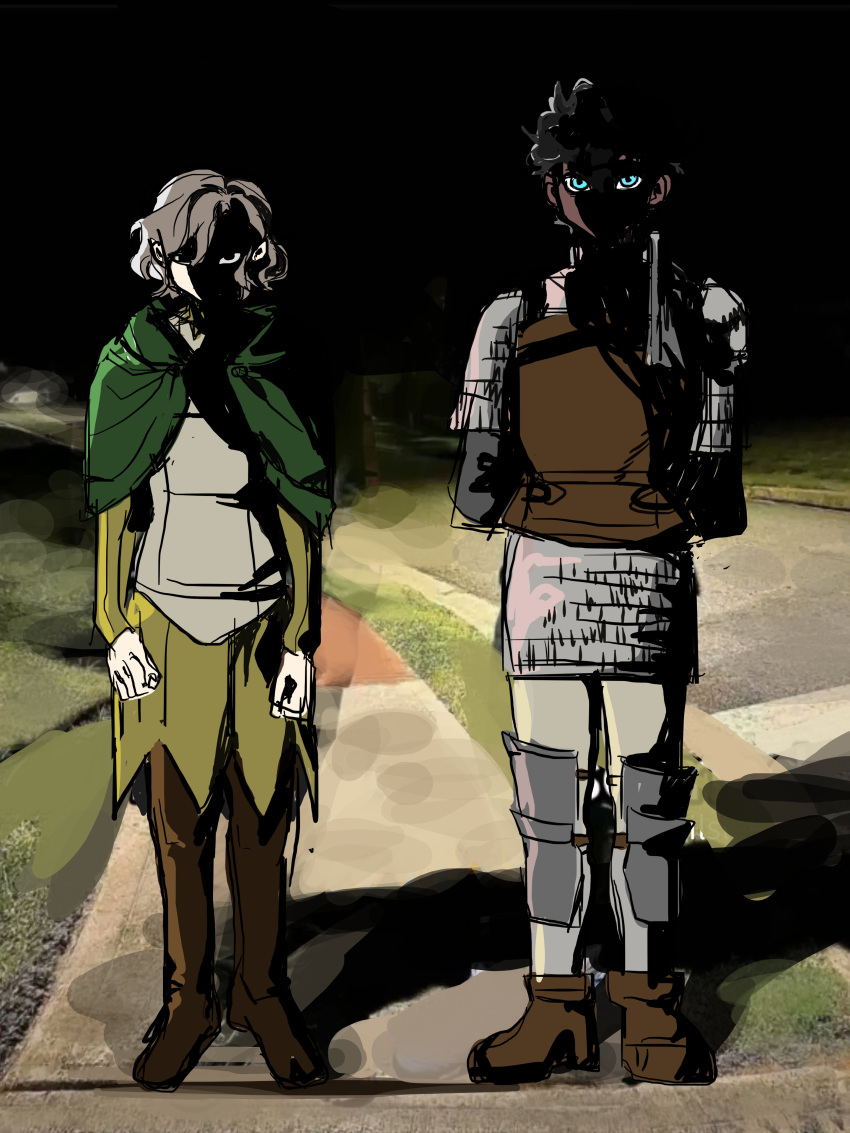 2boys, absurdres, armor, arms_behind_back, bags_under_eyes, black_eyes, black_hair, blue_eyes, boots, chainmail, curly_hair, dark-skinned_male, dark_skin, dungeon_meshi, elf, face_in_shadow, full_body, grey_hair, highres, kabru, kazari_2001, leather_armor, long_sleeves, looking_at_viewer, male_focus, meme, mithrun, multiple_boys, night, pauldrons, photo_background, pointy_ears, shade, shadow, short_hair, shoulder_armor, sidewalk, single_pauldron, standing, tunic, why_dis_ninja_look_so_mad_(meme)