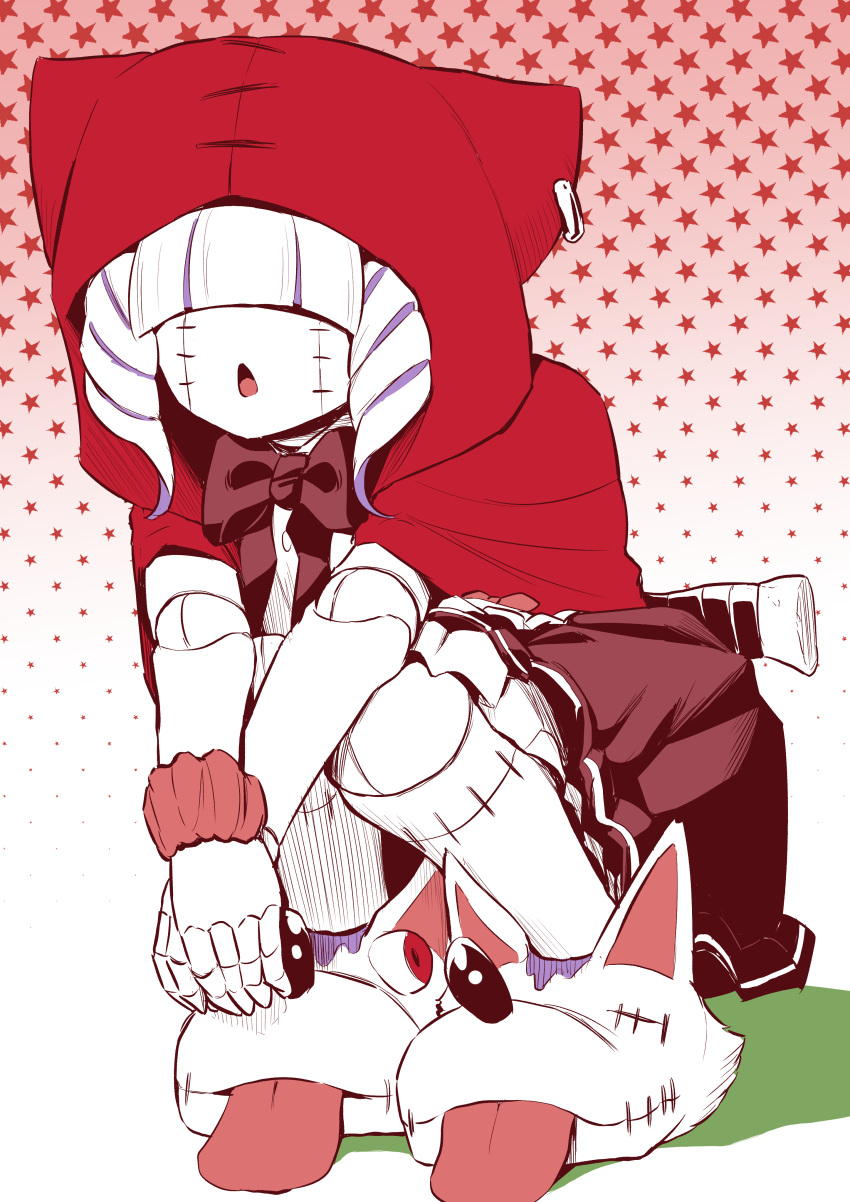 1girl, absurdres, black_skirt, capelet, chaperomon, digimon, digimon_(creature), drill_hair, full_body, hair_over_eyes, hasegawa_(hase_popopo), highres, hood, hood_up, hooded_capelet, knife_behind_back, partially_colored, pleated_skirt, puppet, red_capelet, side_drill, skirt, solo, squatting, stitched_face, stitches