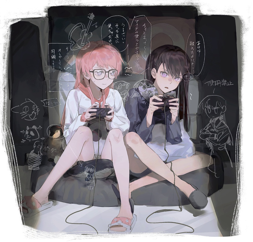 2girls, bang_dream!, bang_dream!_it's_mygo!!!!!, black-framed_eyewear, black_footwear, black_shorts, brown_hair, chihaya_anon