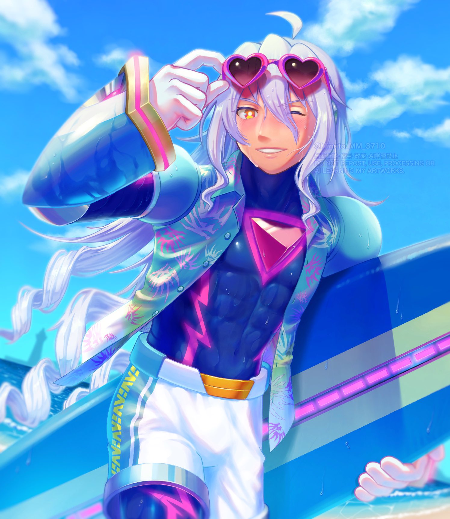 1boy, abs, ahoge, beach, black_bodysuit, blue_sky, bodysuit, chest_jewel