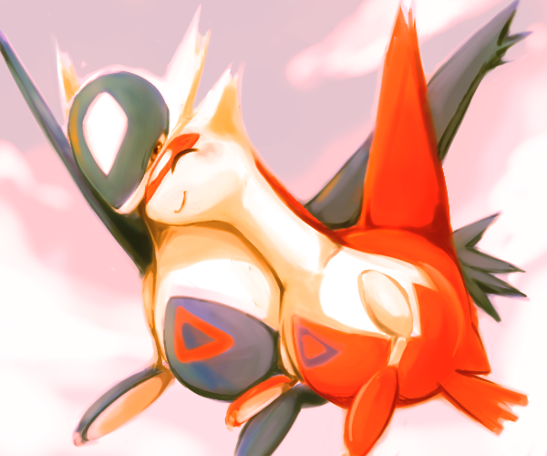 closed_eyes, closed_mouth, clouds, commentary_request, full_body, latias, latios, no_humans, nuzzle, ota's, pokemon, pokemon_(creature), purple_sky, red_eyes, sky, smile