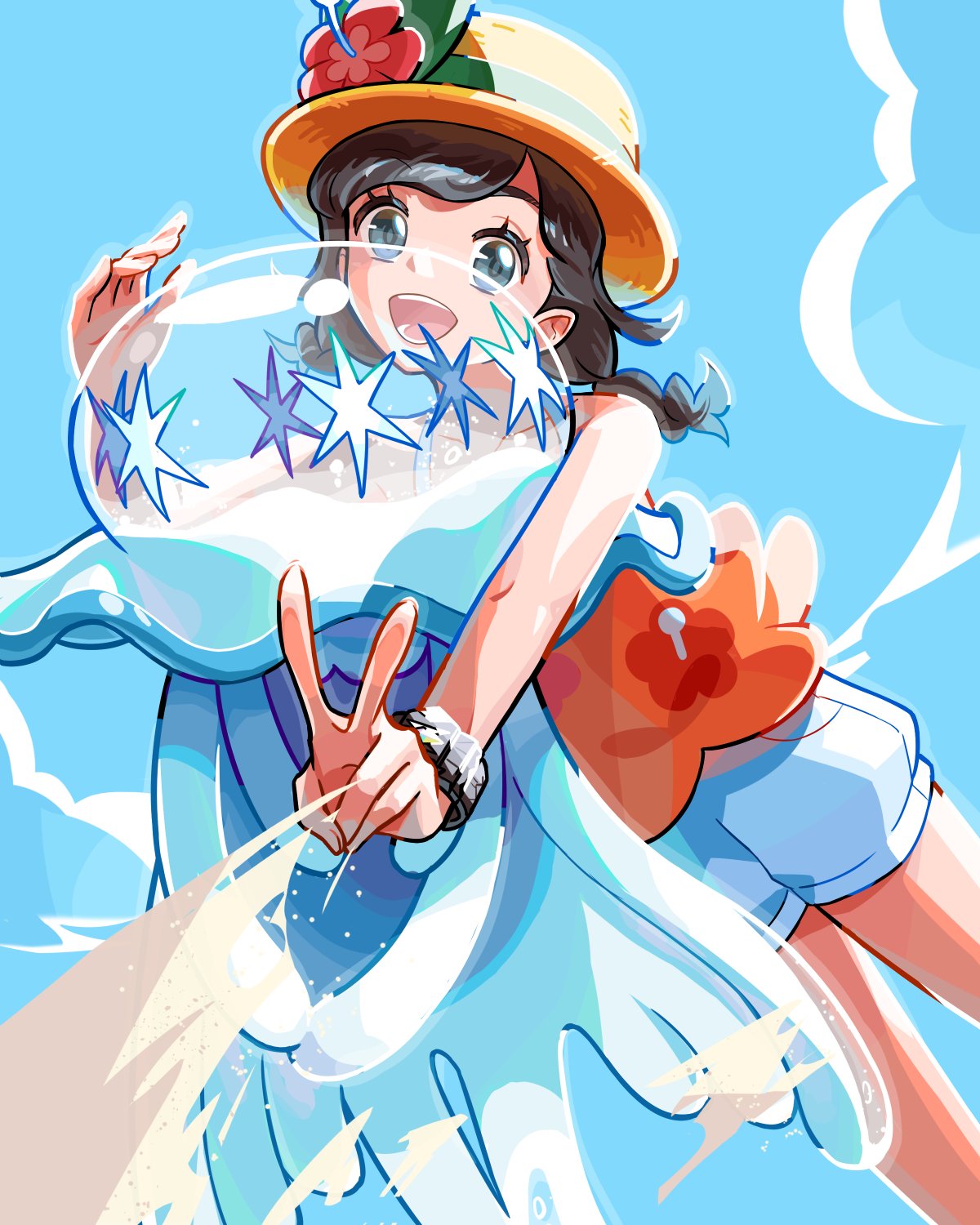 1girl, :d, black_hair, bracelet, day, eyelashes, ffccll, flower, hat, hat_flower, highres, jewelry, nihilego, open_mouth, orange_shirt, outdoors, pokemon, pokemon_(creature), pokemon_usum, selene_(pokemon), shirt, shorts, sky, sleeveless, sleeveless_shirt, smile, teeth, twintails, v, white_shorts, z-ring
