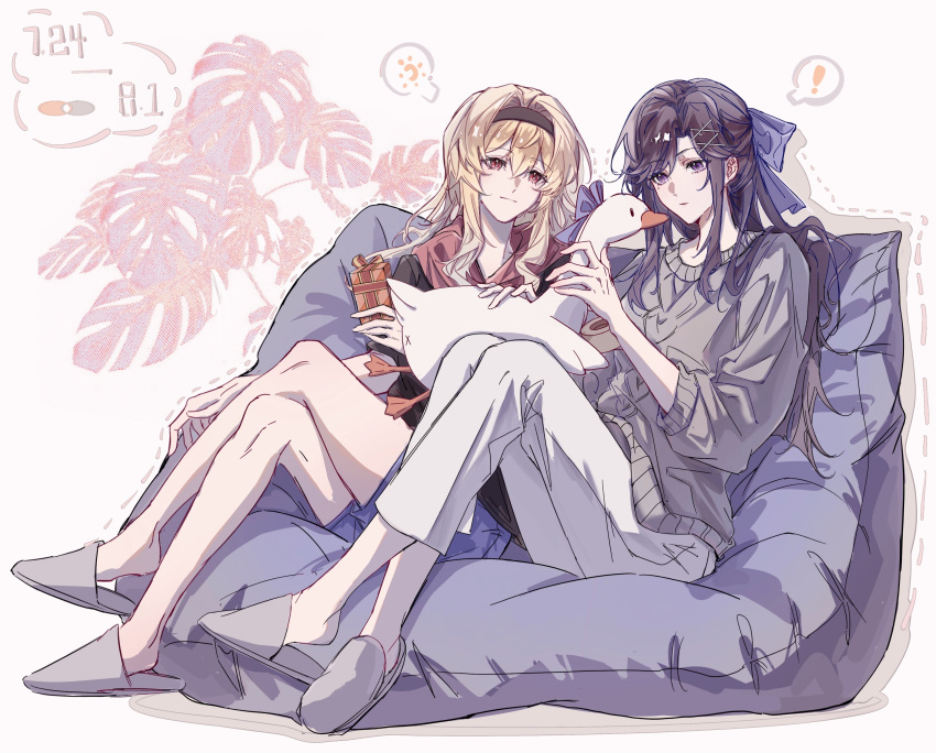 !, 2girls, absurdres, aran_sweater, bean_bag_chair, black_hairband, black_hoodie, blonde_hair