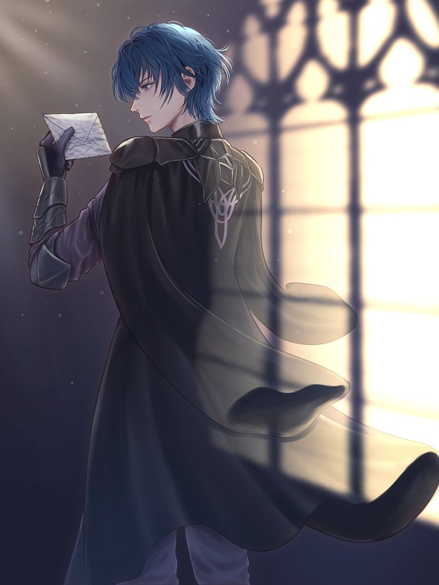 1boy, armor, armored_gloves, black_armor, black_cape, black_gloves, black_pants, byleth_(fire_emblem)