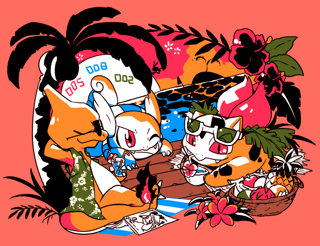 arms_behind_head, banana, charmeleon, clothed_pokemon, coconut, dragon_fruit, drinking, fangs