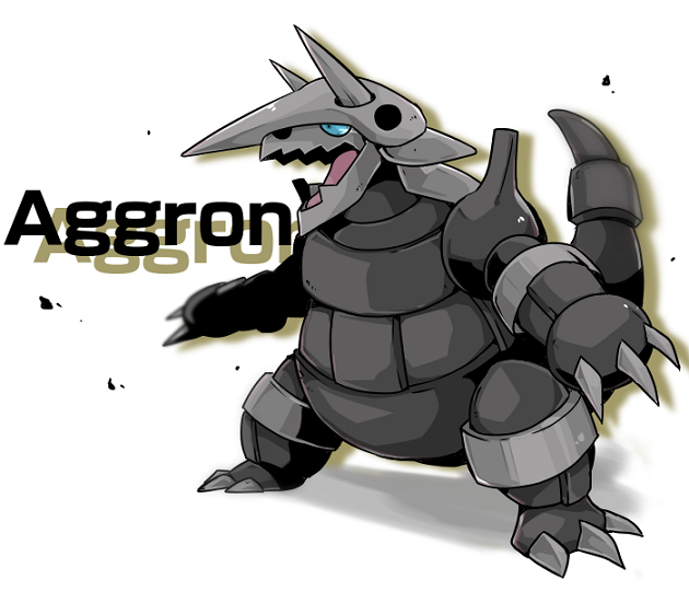 aggron, blue_eyes, character_name, claws, commentary_request, debris, drop_shadow, full_body