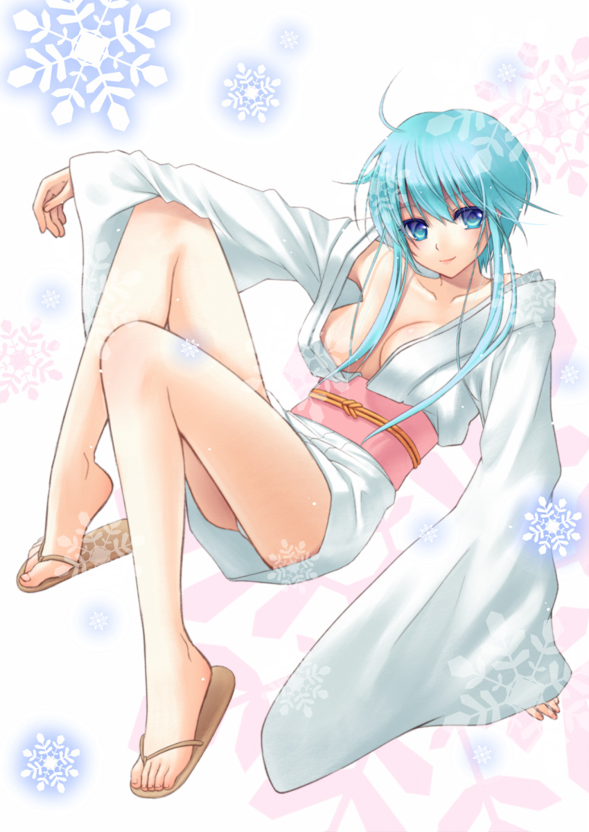blue_hair, breasts, cleavage, feet, highres, japanese_clothes, jigoku_sensei_nube, kimono, legs, nana_mikoto, panties, sandals, short_kimono, smile, solo, underwear, yukime, yukime_(jigoku_sensei_nube)