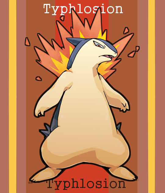 animal_focus, brown_background, character_name, commentary_request, fire, full_body, looking_at_viewer, no_humans, nostrils, open_mouth, ota's, pokemon, pokemon_(creature), sharp_teeth, solo, standing, teeth, typhlosion