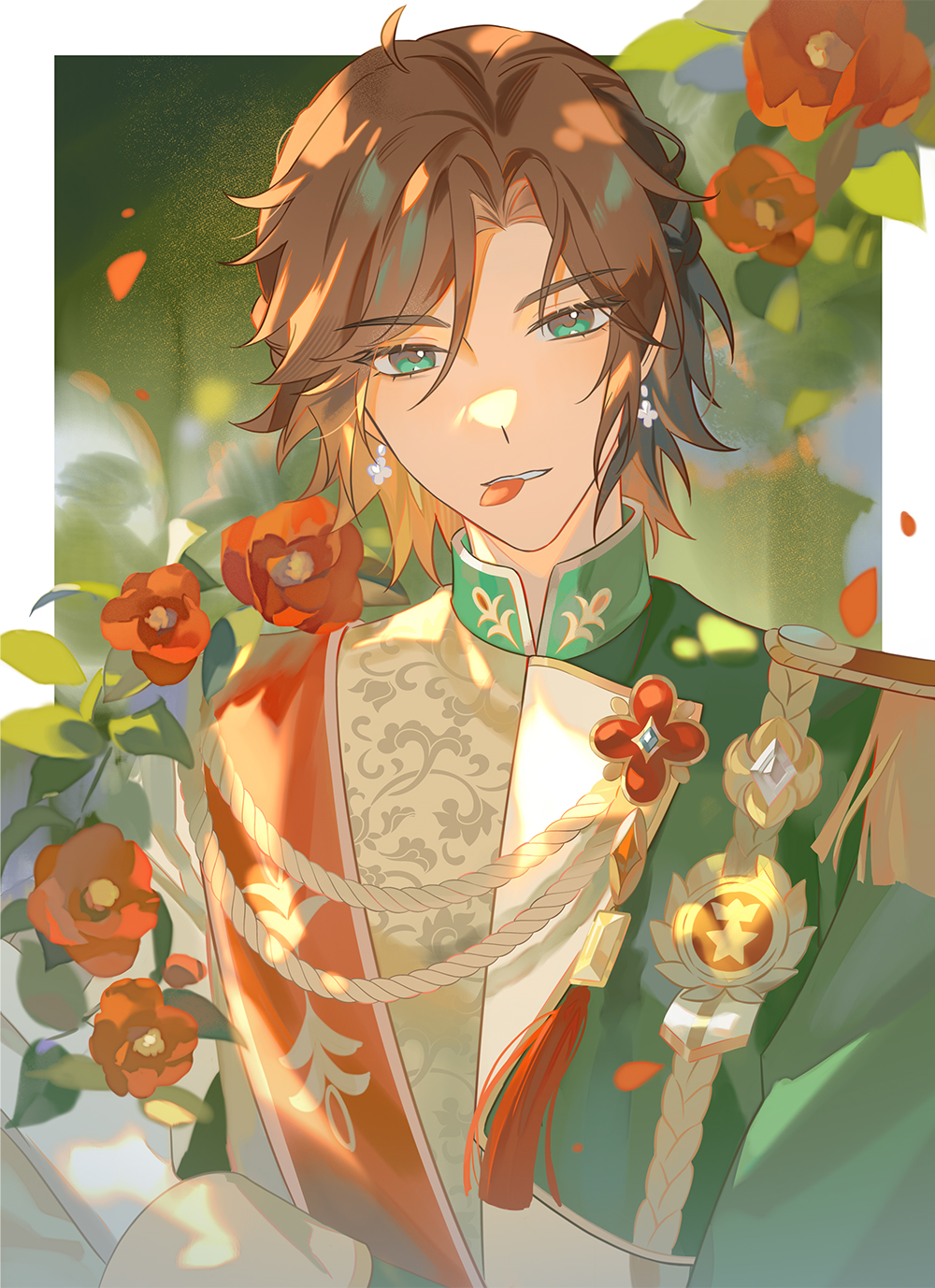1boy, analogous_colors, bishounen, border, curtained_hair, earrings, ensemble_stars!, epaulettes, falling_petals, flower, green_eyes, head_tilt, highres, jewelry, light_brown_hair, male_focus, mikejima_madara, outside_border, petal_in_mouth, petals, red_flower, red_petals, sheesixp, solo, straight-on, upper_body, white_border