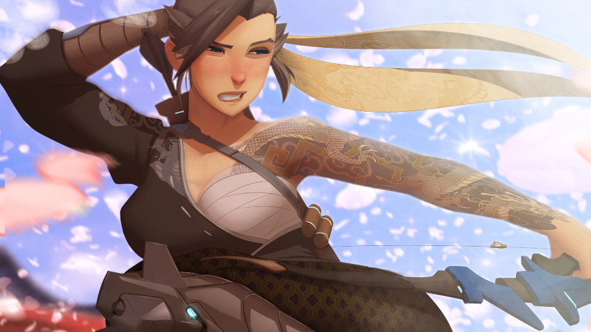 absurdres, blush, bow, chest_binder, freckles, genderswap, grey_hair, hanzo_(overwatch)