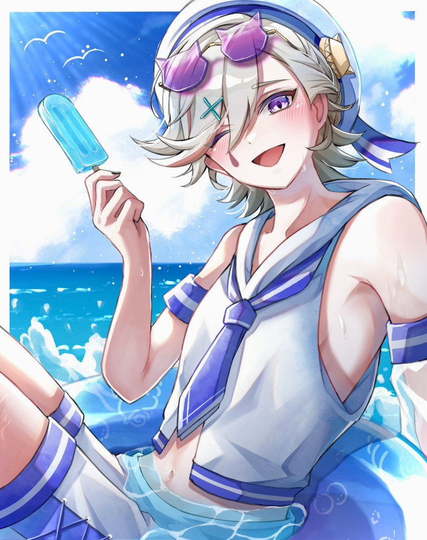 1boy, alternate_costume, armpits, bird, bishounen, blue_sky, cowboy_shot, food, genshin_impact, grey_hair, hat, highres, holding, holding_food, holding_popsicle, kuromuru, looking_at_viewer, lyney_(genshin_impact), male_focus, ocean, one_eye_closed, open_mouth, popsicle, sailor_collar, sailor_hat, sailor_shirt, shirt, short_hair, shorts, sky, solo, teardrop_facial_mark, teardrop_tattoo, violet_eyes