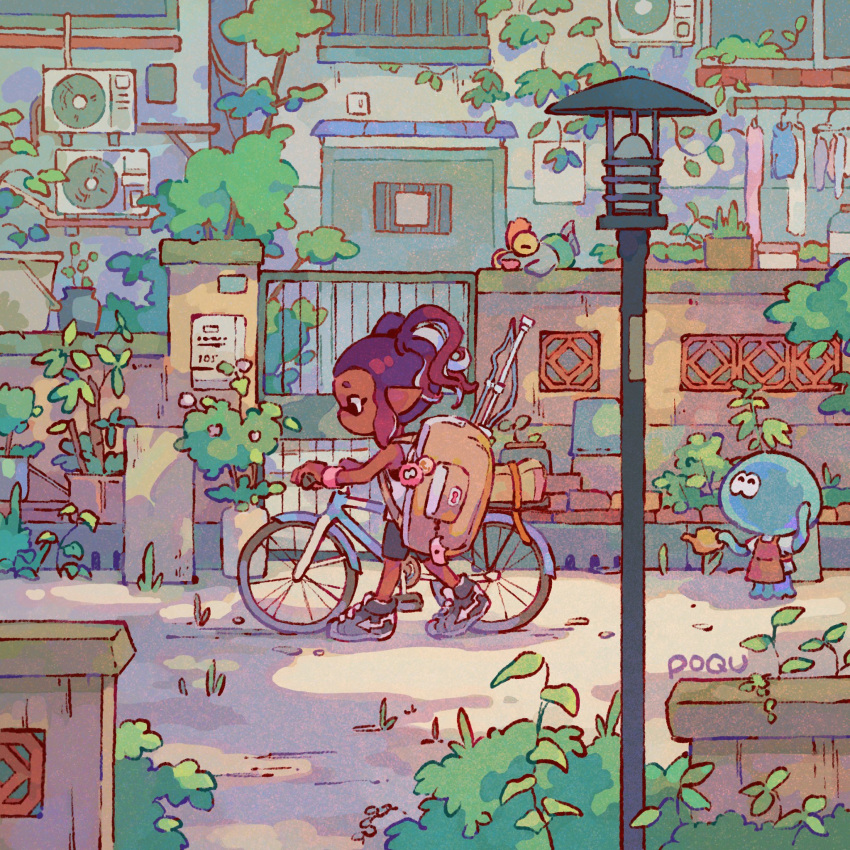 1girl, ^_^, apron, artist_name, backpack, bag, bag_charm, bicycle