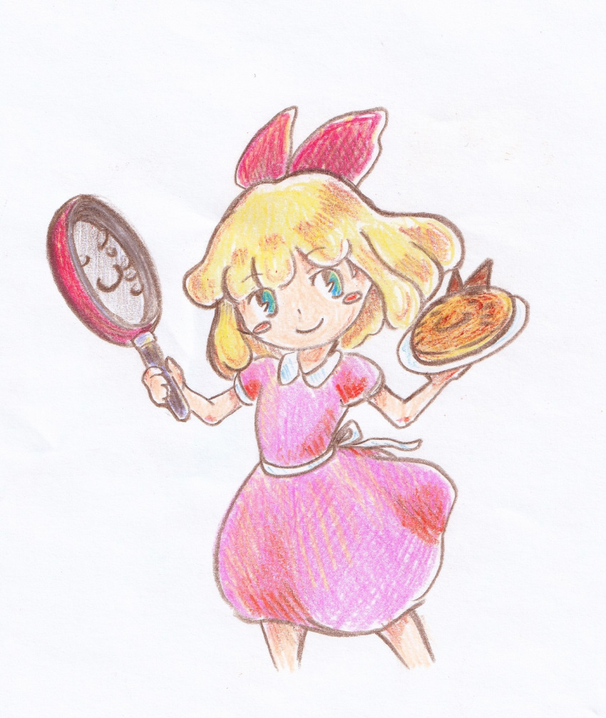 1girl, blonde_hair, blue_eyes, blush_stickers, bow, closed_mouth, cropped_legs, dress