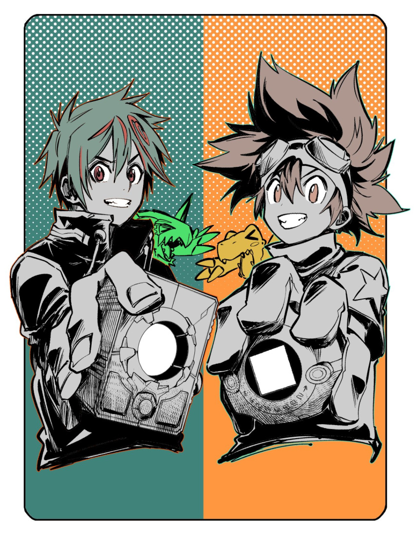 >_<, 2boys, agumon, bird, border, brown_eyes, brown_hair, commentary_request, cowboy_shot, d-storage, digimoji, digimon, digimon_adventure, digimon_card_game, digimon_day, digimon_liberator, digivice, dragon, fukunari_kanchi, goggles, goggles_on_head, green_background, green_hair, highres, holding, kazama_shoto, male_focus, medium_hair, multicolored_hair, multiple_boys, orange_background, partially_colored, pteromon, redhead, reptile, sharp_teeth, short_hair, smirk, teeth, two-tone_hair, white_border, yagami_taichi