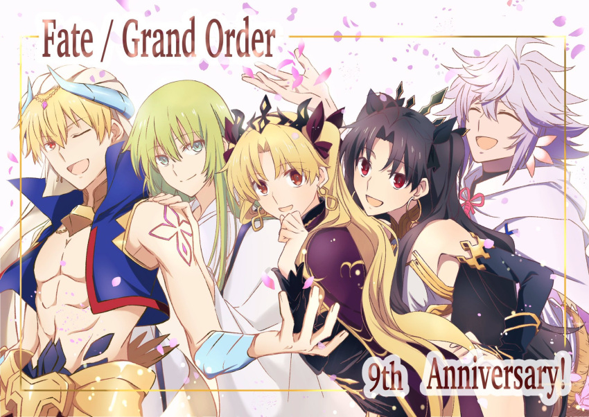 1other, 2boys, 2girls, :d, abs, ahoge, androgynous, anniversary