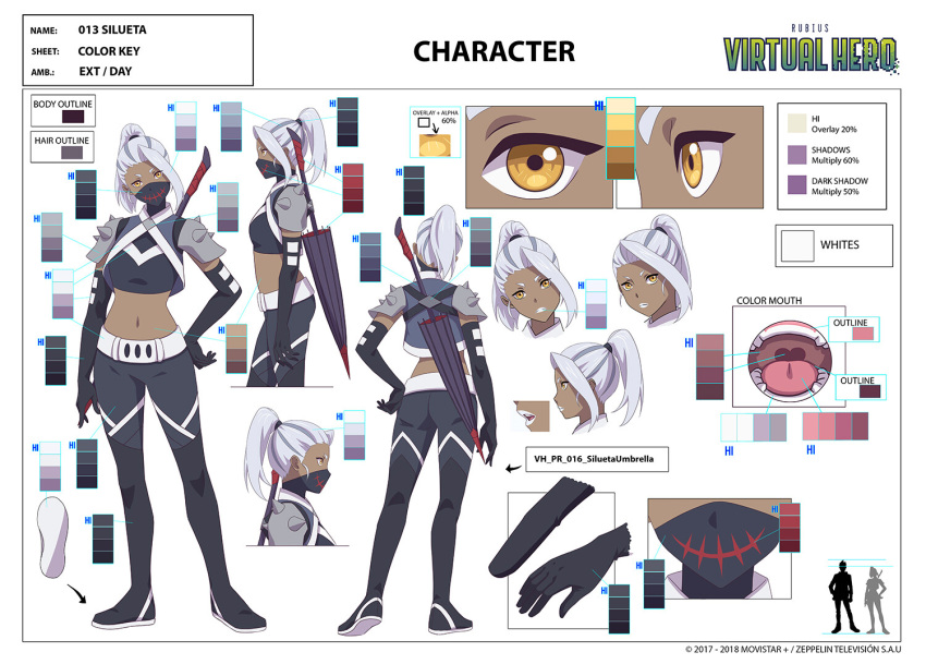 1girl, 2018, belt, boots, closed_umbrella, covered_mouth, dark-skinned_female, dark_skin, hand_on_own_hip, lipstick, makeup, mask, mouth_mask, official_art, reference_sheet, short_sleeves, silueta_(virtual_hero), solo, umbrella, virtual_hero, weapon, weapon_on_back, white_hair, white_lips, yellow_eyes