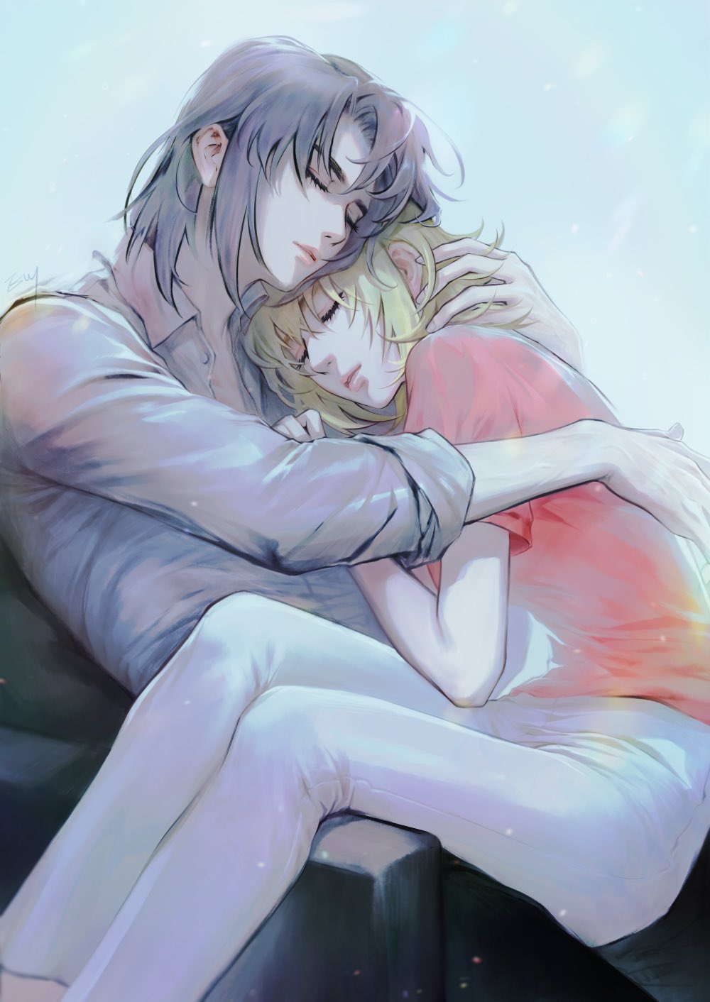 1boy, 1girl, athrun_zala, blonde_hair, blue_hair, cagalli_yula_athha, closed_eyes, couch