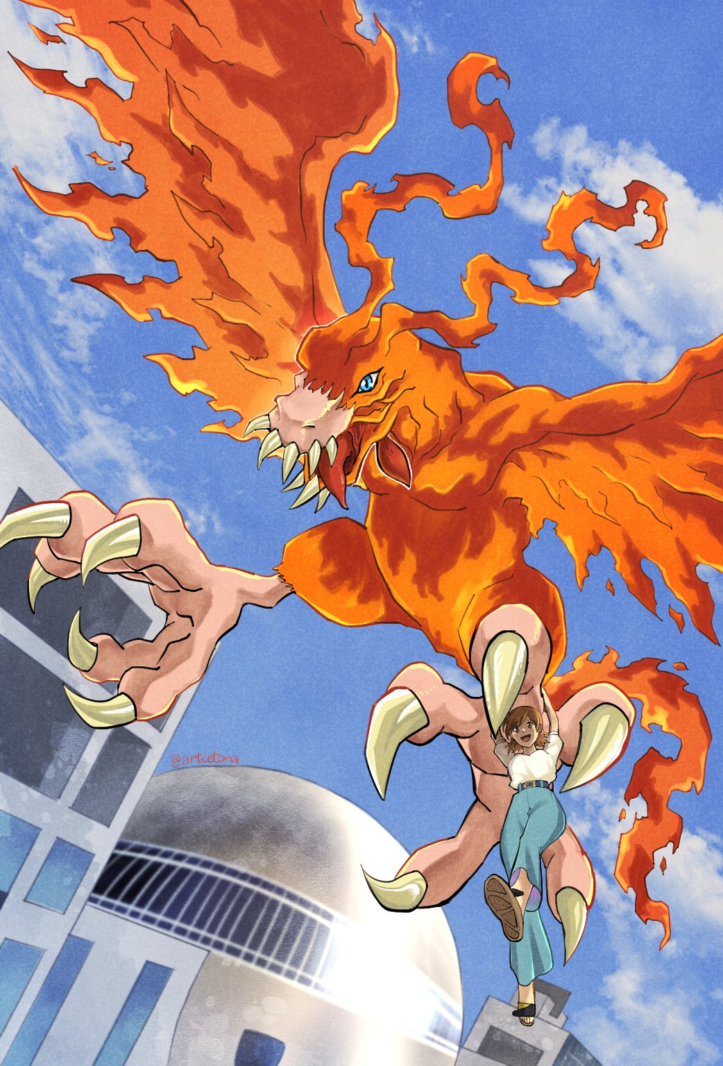 1girl, artcetona, birdramon, blue_pants, breasts, brown_eyes, brown_hair, digimon