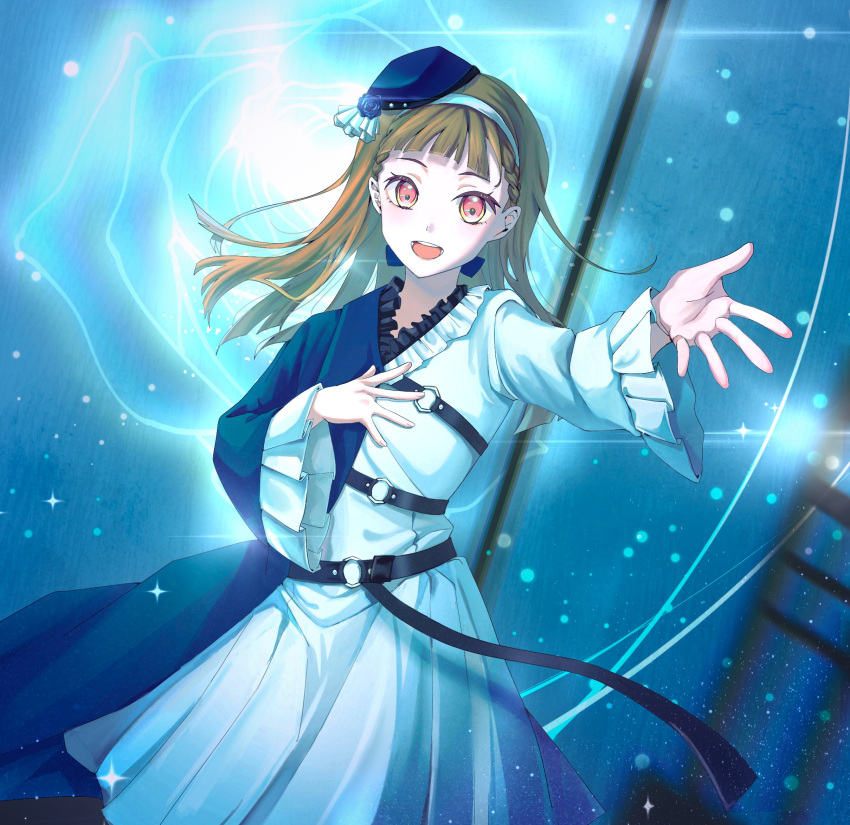 1girl, :d, asymmetrical_clothes, asymmetrical_coat, blue_coat, blue_hat, braid, brown_hair, center-flap_bangs, coat, commentary, dress, dutch_angle, frilled_sleeves, frills, hairband, hand_on_own_chest, hat, highres, kachimachi_kosuzu, ladybug_(love_live!), light_particles, link!_like!_love_live!, long_hair, long_sleeves, looking_at_viewer, love_live!, mizuno_(shuishui), official_alternate_costume, open_mouth, outstretched_arm, pink_eyes, side_ahoge, side_braids, simple_background, smile, straight_hair, teeth, virtual_youtuber, white_dress, white_hairband