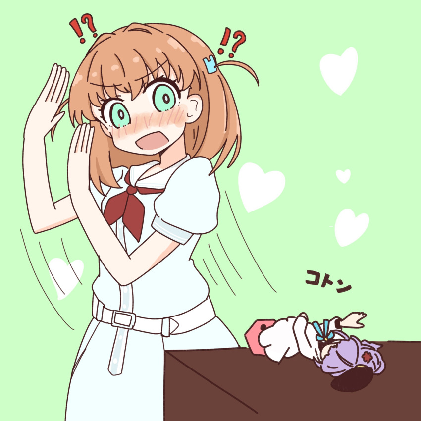 !?, 1girl, amado_(amaddo_club), blue_dress, blush, brown_hair, commentary, crossed_bangs